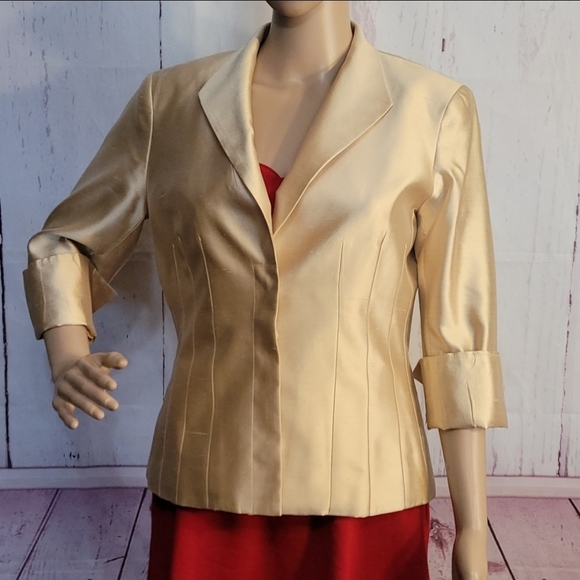ETCETERA, Womens, Sz. 12, Golden, Metallic, Silk, Pleated, Blazer, Jacket, Coat - Picture 8 of 9